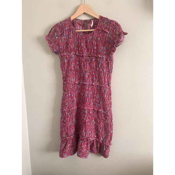 Free People Dresses & Skirts - Free People Pink Floral Short Sleeve Smocked Stretch Mini Dress Women's  S/P